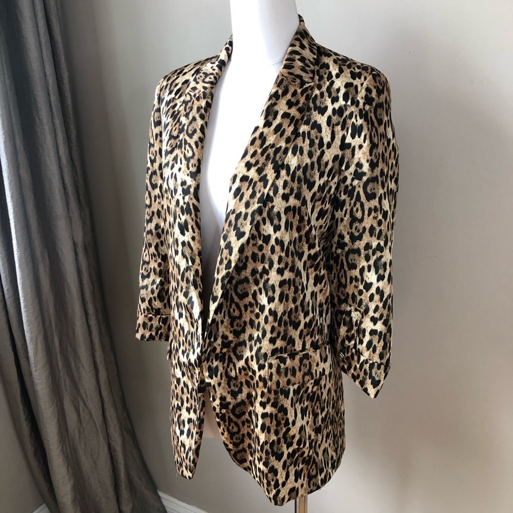 Zara Satin Leopard Print Open Front Power Blazer XS/S